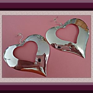Large Silver Tone Dangle Heart Design Earrings
